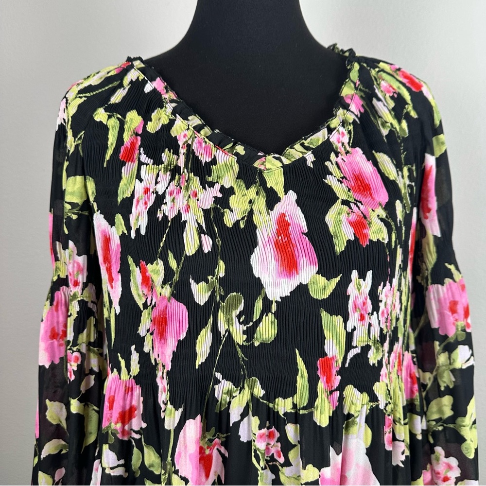 Floral & Ivy Floral Top Sz Large Sheer Pleated Stretch Flare Sleeve Peasant Boho - Picture 2 of 14